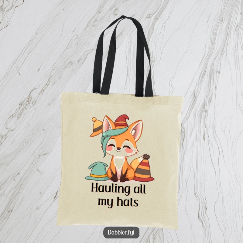 Funny Fox Tote Bag with a giggling fox trying on various hats, perfect for carrying items with a touch of playful style.