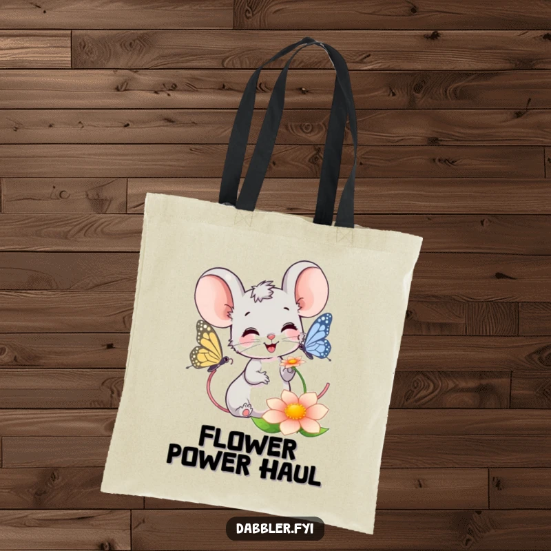 Funny Mouse Tote Bag: Smiling mouse happily observing a butterfly on a flower, a charming and humorous carry-all.