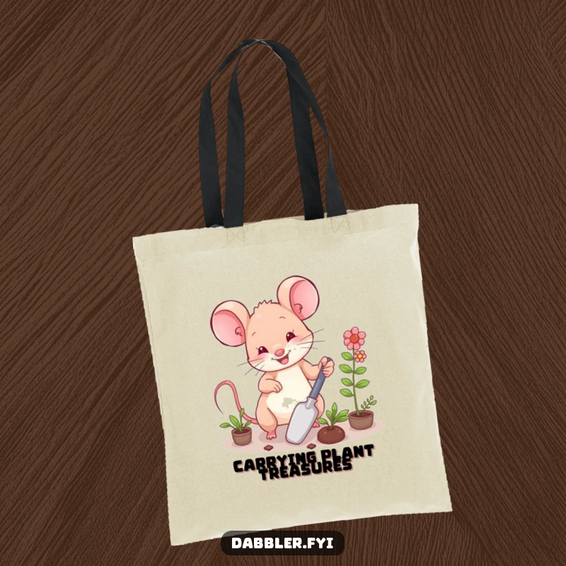 Funny Tote Bag: A happy mouse character arranging miniature plants with a small trowel, ideal for gardeners.