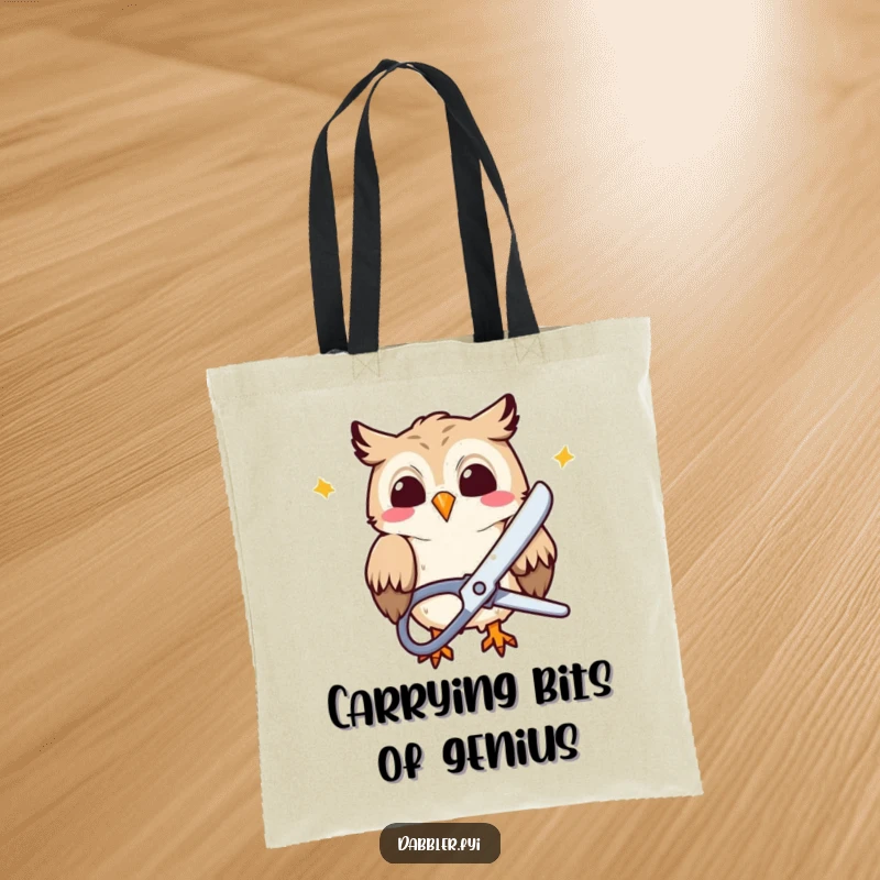 Funny Tote Bag: A giggling owl character uses large scissors to snip colorful paper, a humorous and practical accessory.