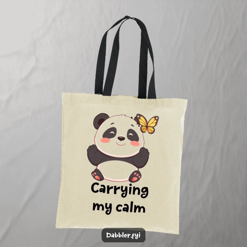 Funny tote bag depicting a smiling panda observing a fluttering butterfly with fascination, perfect for errands.