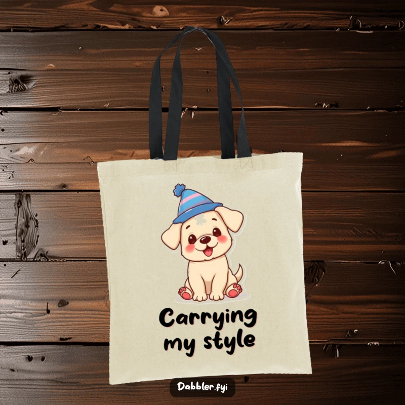 Funny tote bag featuring a happy puppy wearing a silly hat, stylish and a great funny gift.