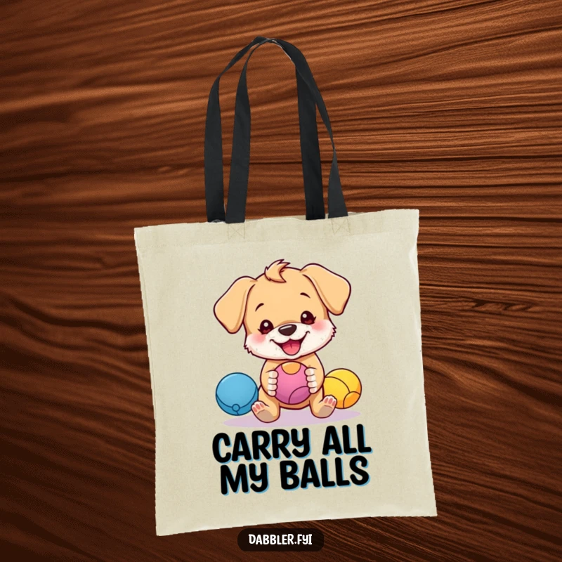 Funny tote bag featuring a cute puppy character humorously juggling bright balls, perfect for a funny shopping trip or park visit.
