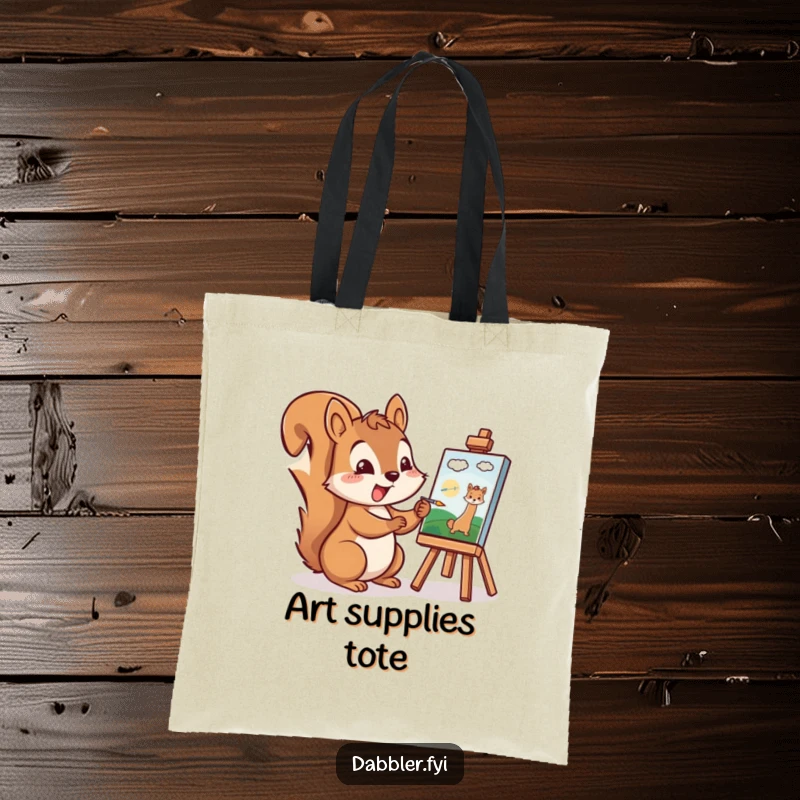 Funny Squirrel Tote Bag: A cheerful squirrel excitedly paints a tiny picture, a durable and humorous bag for artists.
