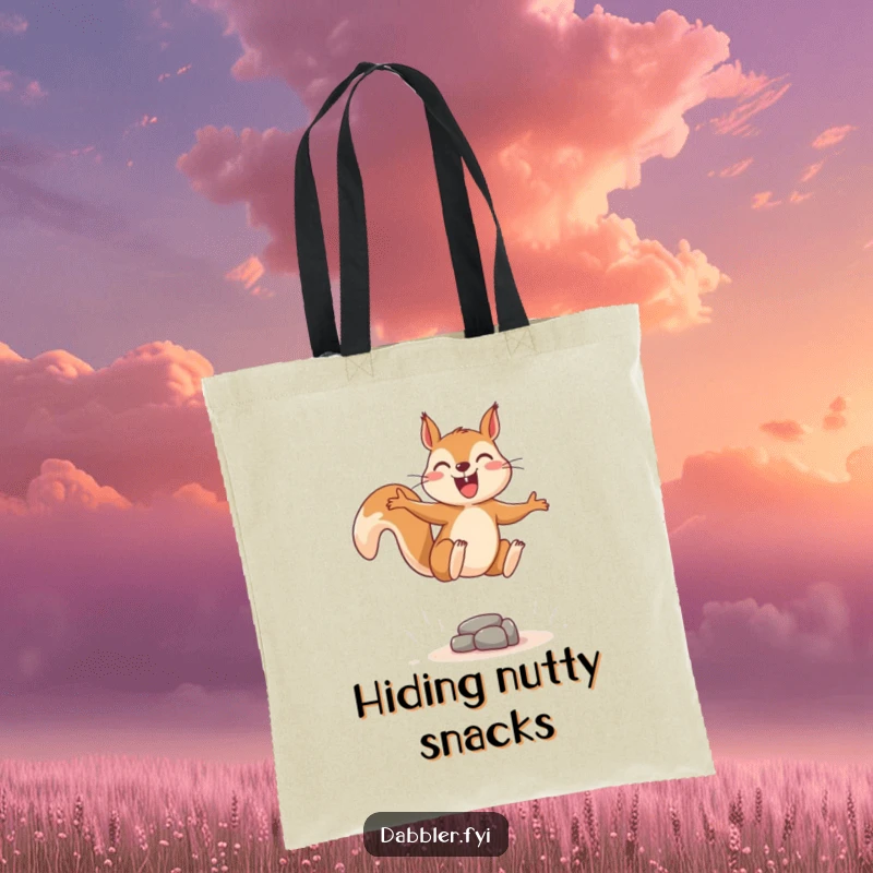 Funny tote bag depicting a joyous squirrel leaping energetically over a tiny, imaginary obstacle, perfect for errands.