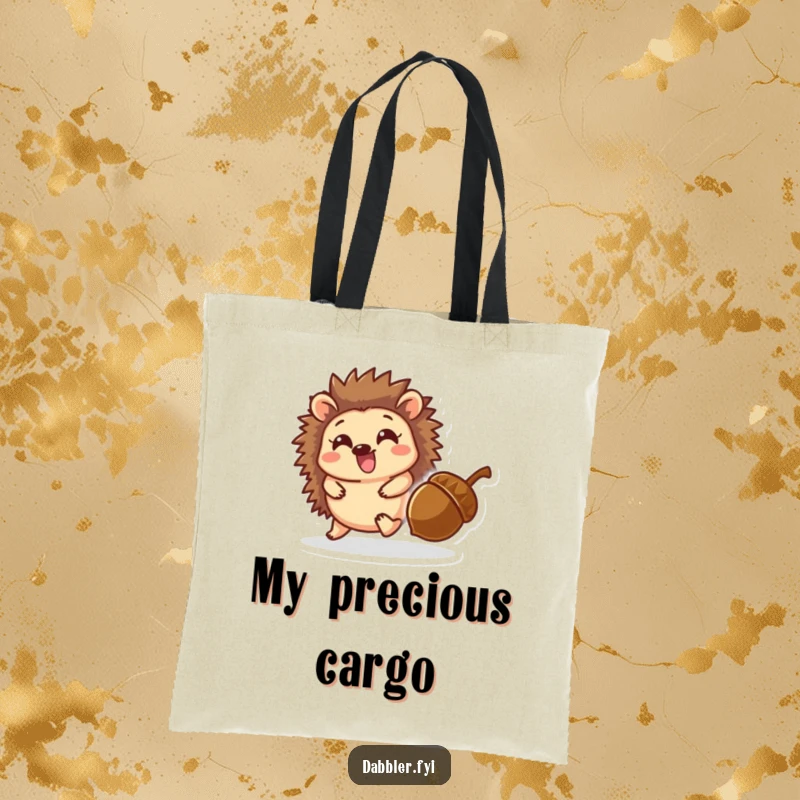 Funny tote bag featuring a delighted hedgehog character playfully chasing a rolling acorn, perfect for errands and daily use.