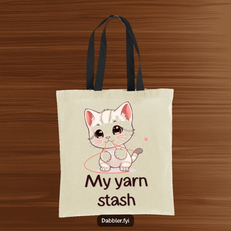 Funny tote bag featuring a happy kitten character humorously playing with a string that leads everywhere, perfect for a funny shopping trip.
