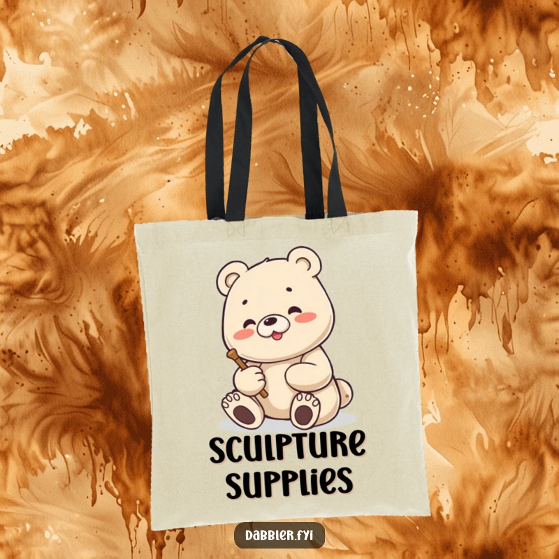 Funny Bear Tote Bag: Content bear enthusiastically sculpting a small figure, a charming and humorous tote for creatives.